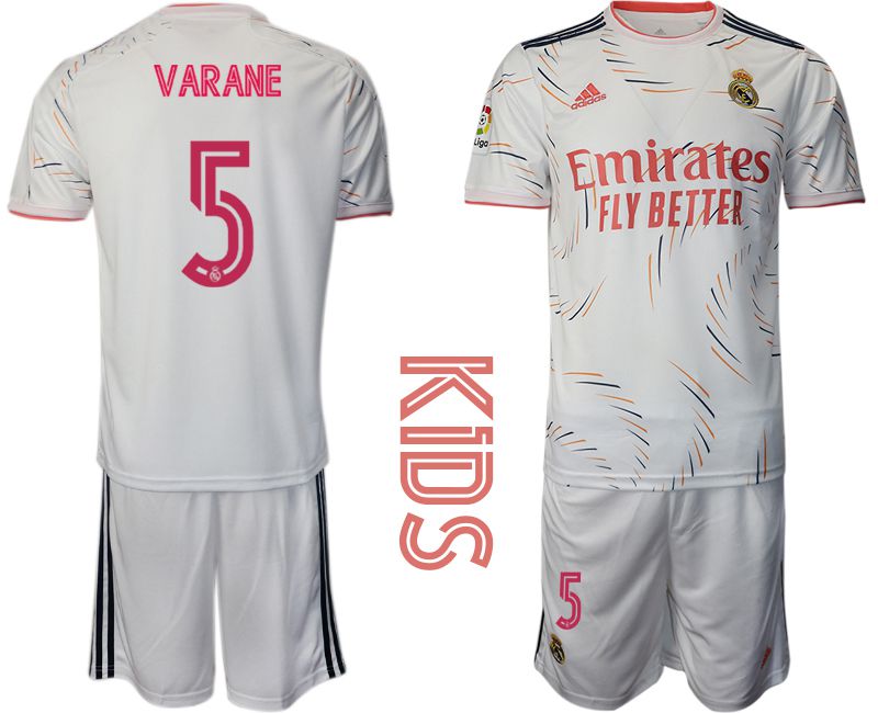 Youth 2021-2022 Club Real Madrid home white 5 Adidas Soccer Jersey