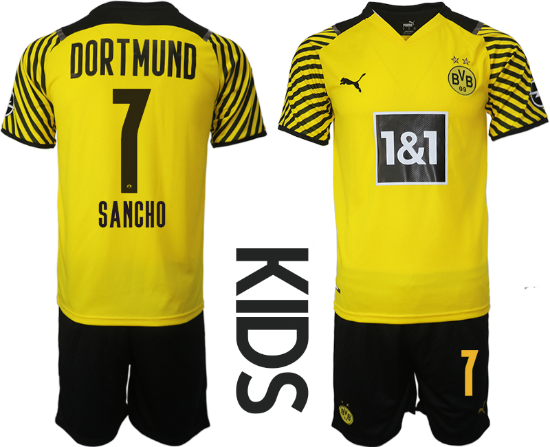 Youth 2021-2022 Club Borussia Dortmund home yellow 7 Soccer Jersey