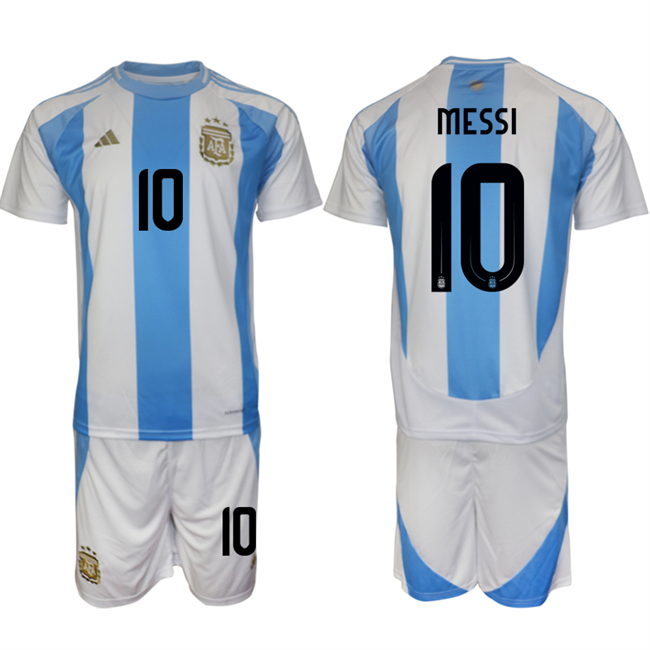 Men's Argentina #10 Messi White Blue 2024-25 Home Soccer Jersey Suit