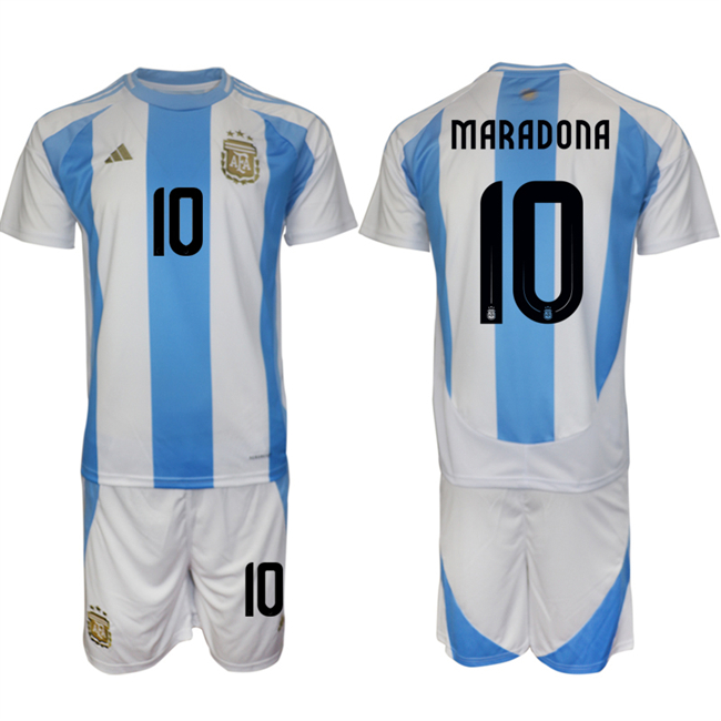 Men's Argentina #10 Diego Maradona White Blue 2024-25 Home Soccer Jersey Suit