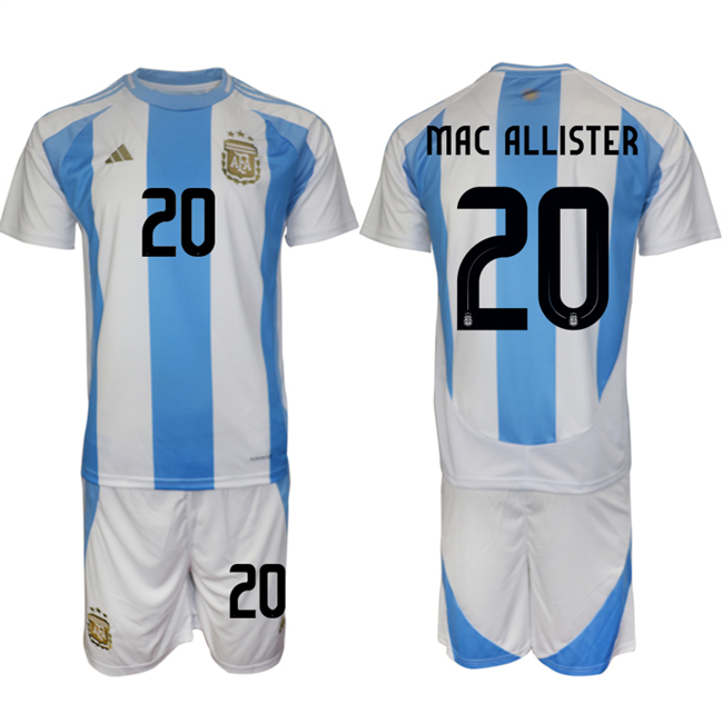 Men's Argentina #20 Alexis Mac Allister White Blue 2024-25 Home Soccer Jersey Suit