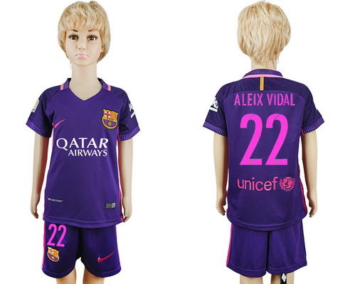 2016-17 Barcelona #22 ALEIX VIDAL Away Soccer Youth Purple Shirt Kit