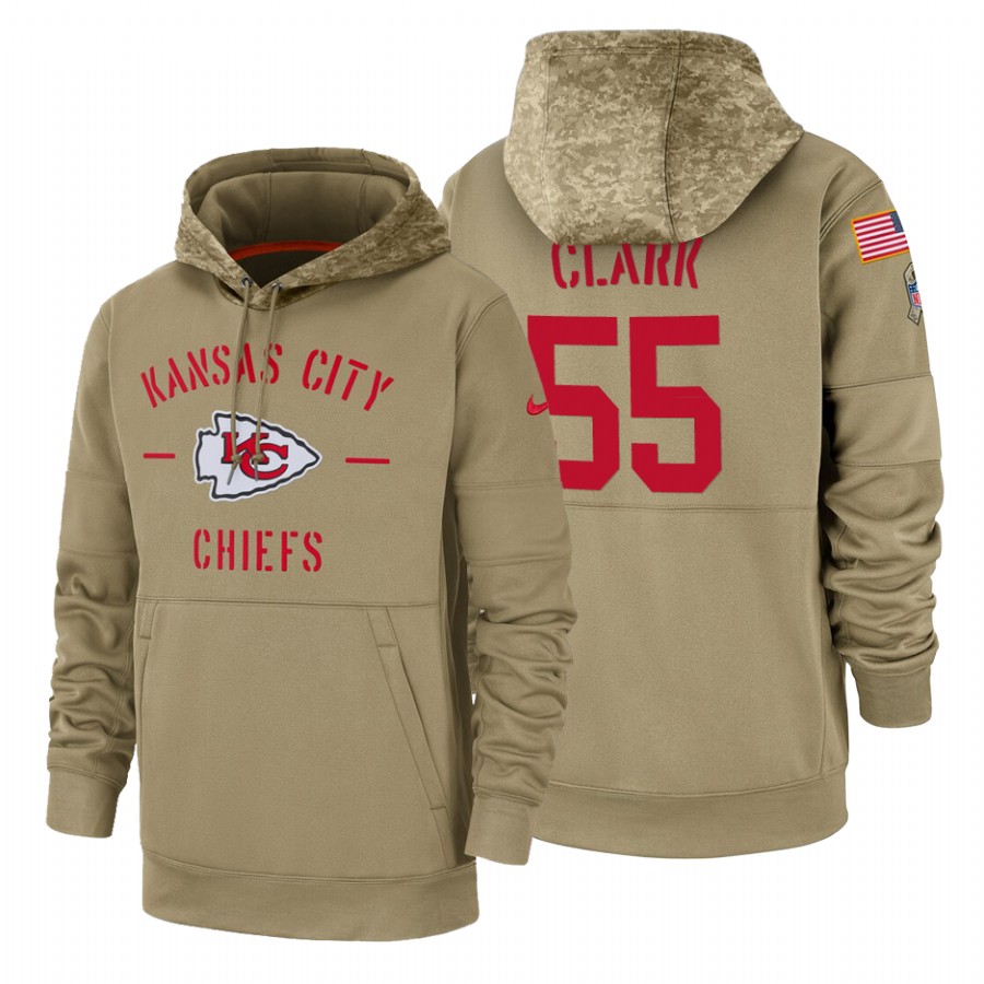 Kansas City Chiefs #55 Frank Clark Nike Tan 2019 Salute To Service Name & Number Sideline Therma Pullover Hoodie