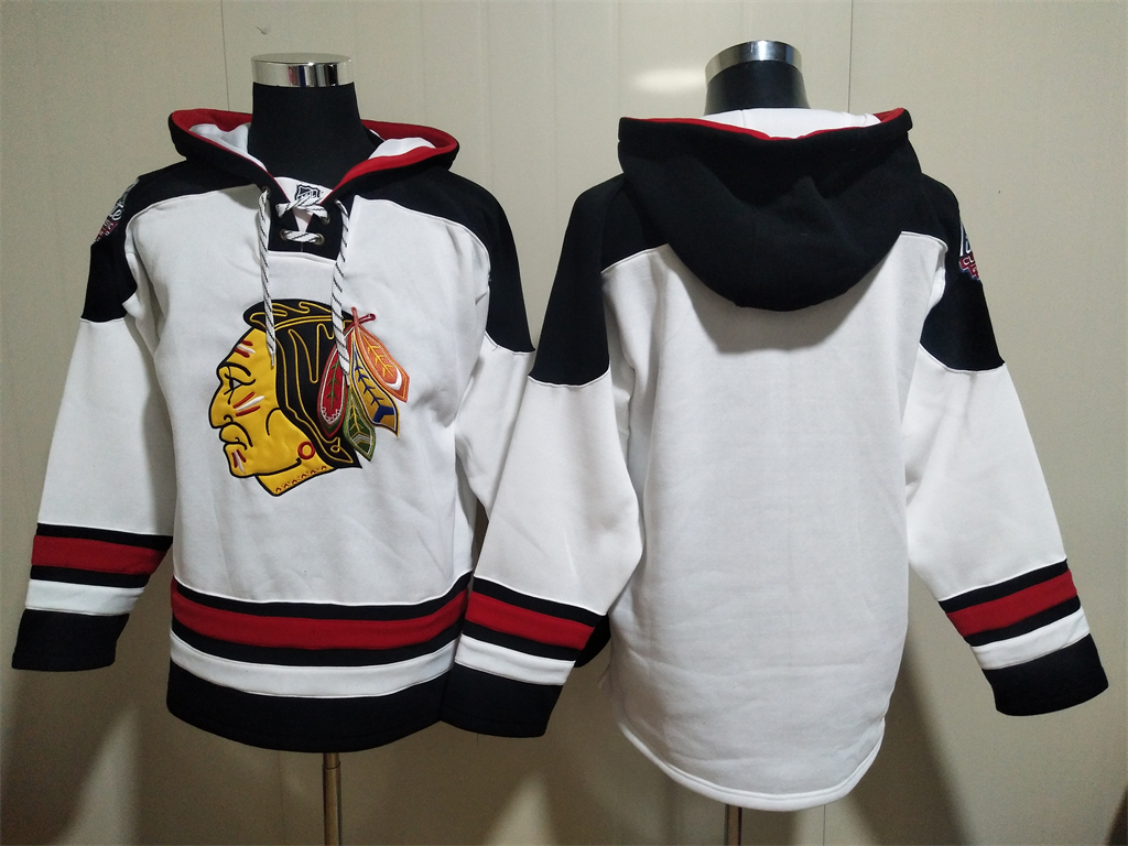 Men's Chicago Blackhawks Blank White Ageless Must Have Lace Up Pullover Hoodie