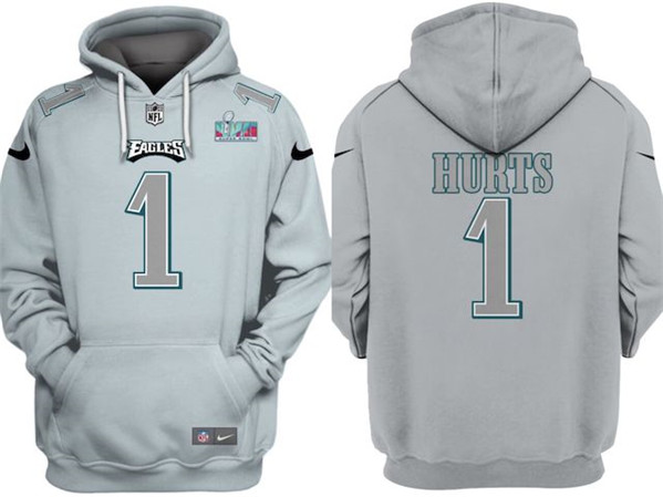 Men's Philadelphia Eagles #1 Jalen Hurts Gray Atmosphere Fashion Super Bowl LVII Patch Pullover Hoodie