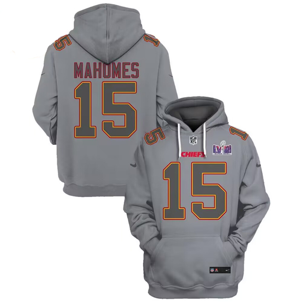 Men's Kansas City Chiefs #15 Patrick Mahomes Gray Super Bowl LVIII Patch Limited Edition Hoodie