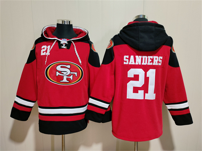 Men's San Francisco 49ers #21 Deion Sanders Red Black Ageless Must-Have Lace-Up Pullover Hoodie