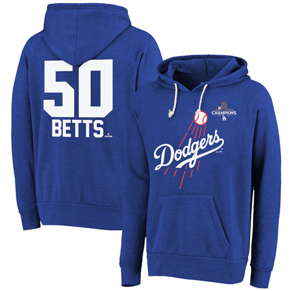 Men's Los Angeles Dodgers #50 Mookie Betts Royal 2024 World Series Champions Name & Number Tri-Blend Pullover Hoodie