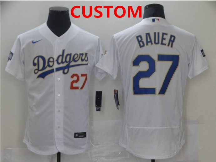 Men's Los Angeles Dodgers Custom White Gold Champions Patch Stitched MLB Flex Base Nike Jersey