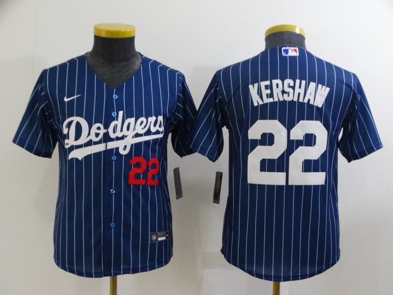 Youth Los Angeles Dodgers #22 Clayton Kershaw Navy Blue Pinstripe Stitched MLB Cool Base Nike Jersey