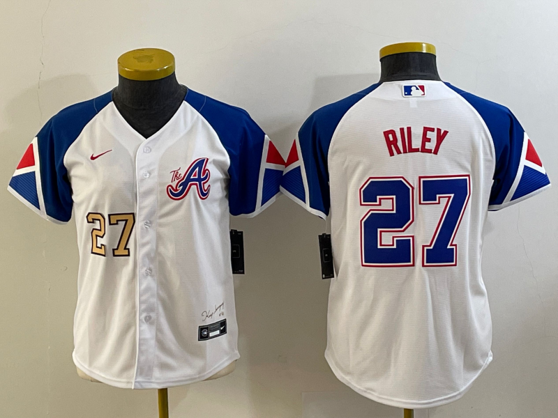 Youth Atlanta Braves #27 Austin Riley Number White 2023 City Connect Cool Base Stitched Jersey