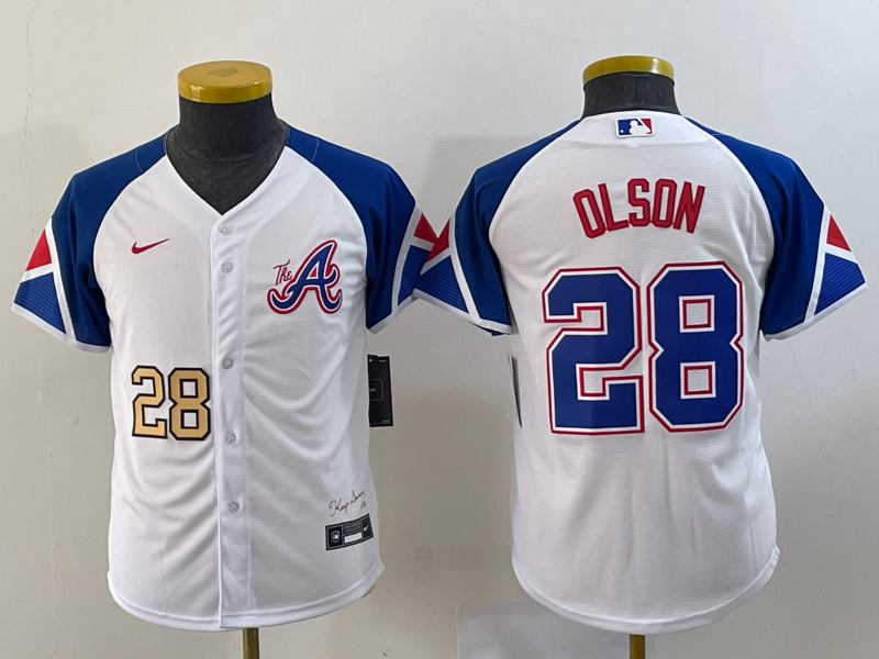 Youth Atlanta Braves #28 Matt Olson Number White 2023 City Connect Cool Base Stitched Jersey