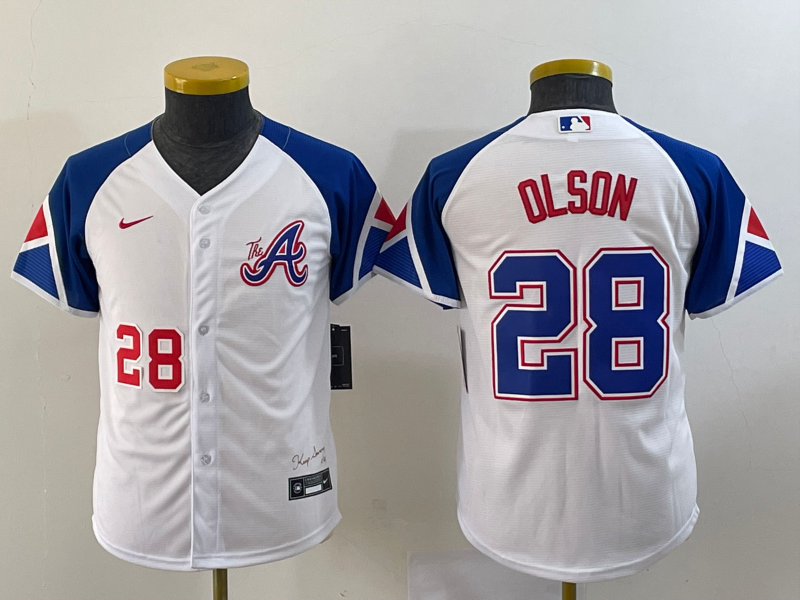 Youth Atlanta Braves #28 Matt Olson Number White 2023 City Connect Cool Base Stitched Jersey2