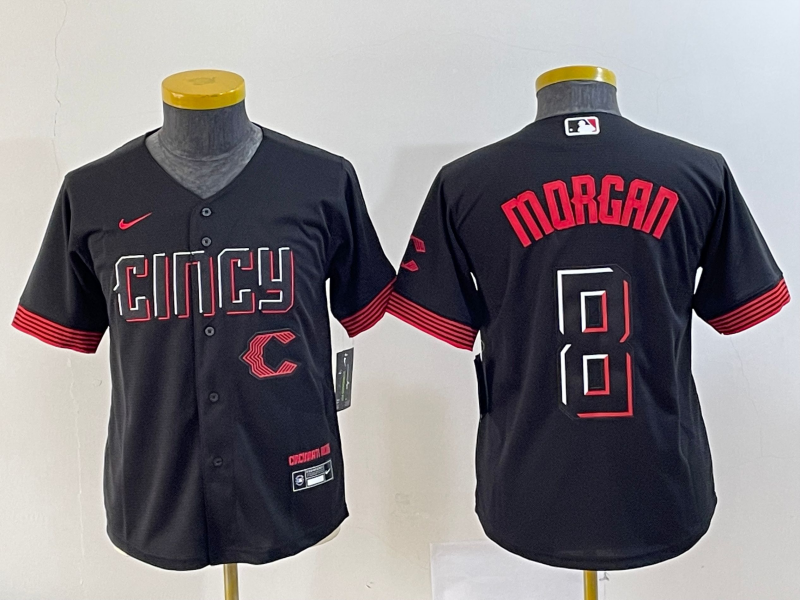 Youth Cincinnati Reds #8 Joe Morgan Black 2023 City Connect Cool Base Stitched Jersey