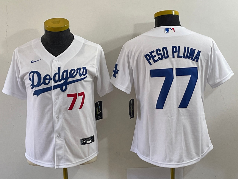 Youth Los Angeles Dodgers #77 Peso Pluma Number White Stitched Cool Base Nike Jersey