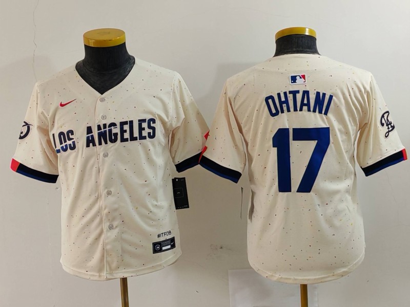 Youth Los Angeles Dodgers #17 Shohei Ohtani Cream Blue 2024 City Connect Limited Stitched Jersey