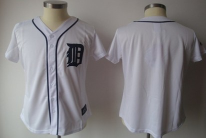 Women's Detroit Tigers Customized White With Navy Blue Jersey