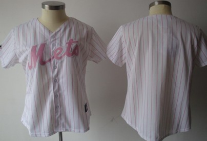 Women's New York Mets Customized White With Pink Pinstripe Jersey