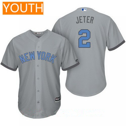 Youth New York Yankees #2 Derek Jeter Gray With Baby Blue Father's Day Stitched MLB Majestic Cool Base Jersey