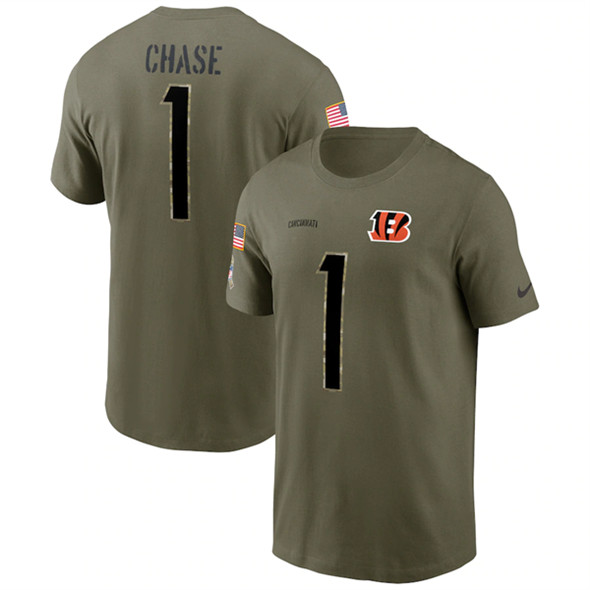 Men's Cincinnati Bengals #1 Ja'Marr Chase 2022 Olive Salute to Service T-Shirt